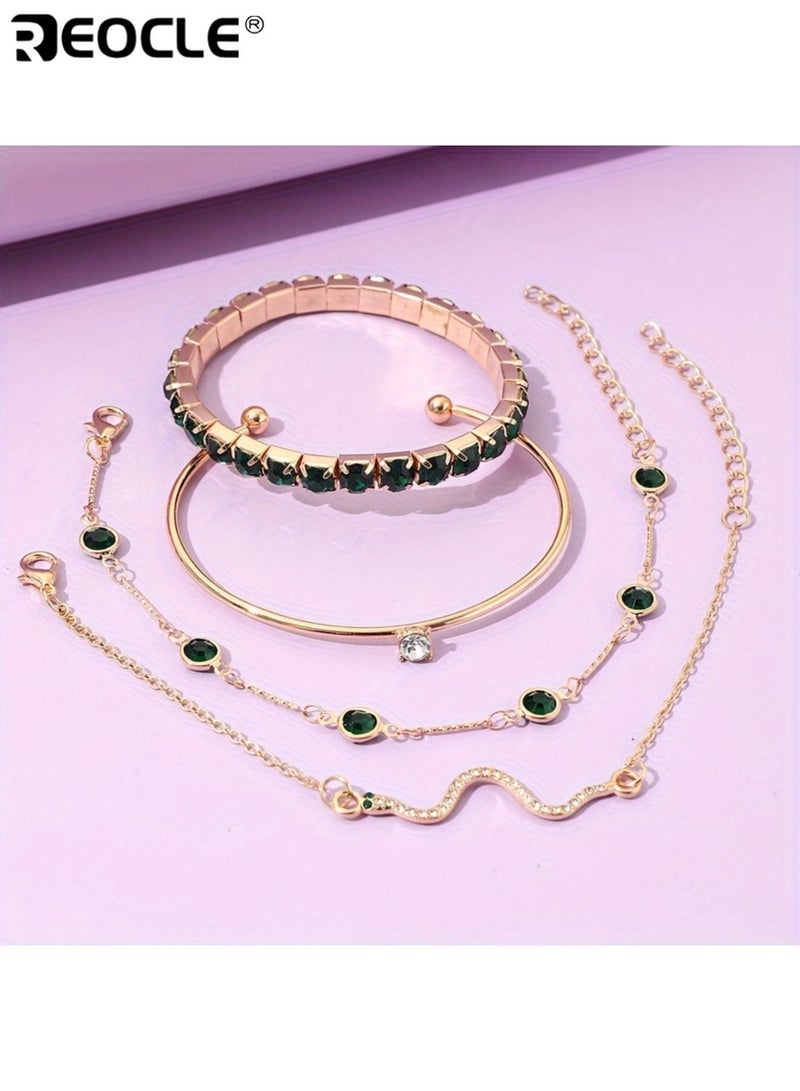 REOCLE 4PCS Women's Elegant Imitation Gemstone Rhinestone Claw Chain Snake Bracelet Open Bangle for Women with Adjustable Fit for Party and Daily Wear - Image 5