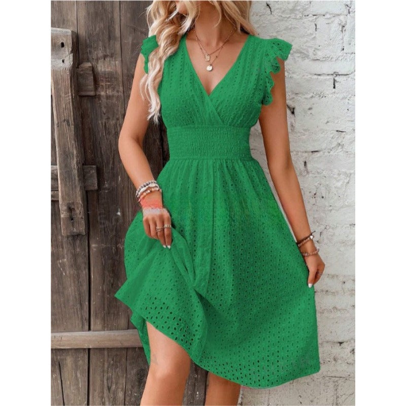 2025 Hot Selling Aliexpress Hot Selling New Multi-Color Spot European and American Summer Lotus Leaf Sleeve Elegant Dress Light green - Image 4