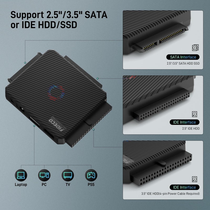 FIDECO SATA/IDE to USB 3.0 Adapter, Hard Drive Adapter Cable Converter for Universal 2.5/3.5 Inch IDE HDD, 2.5 Inch SSD, 5.25-Inch DVD-ROM/CD-ROM/CD-RW/DVD-RW/DVD+R - Image 2