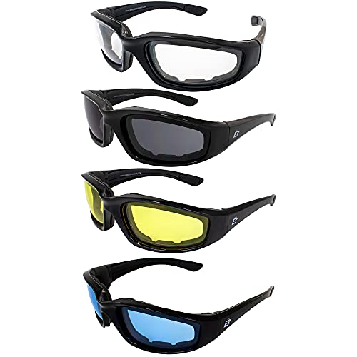 Birdz Eyewear Padded Motorcycle Sunglasses Riding Glasses Anti Fog Black Frames with Smoke Clear Yellow Light Blue Lenses - Image 1