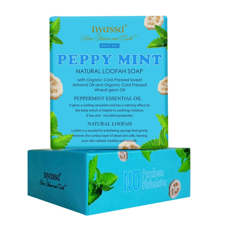 Nyassa Peppymint Handmade Loofah Soap 150 gm with Fresh Zesty fragrance. Contains natural loofah for exfoliation. No Paraben, Cruelty Free - Image 1