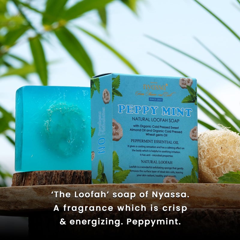 Nyassa Peppymint Handmade Loofah Soap 150 gm with Fresh Zesty fragrance. Contains natural loofah for exfoliation. No Paraben, Cruelty Free - Image 2