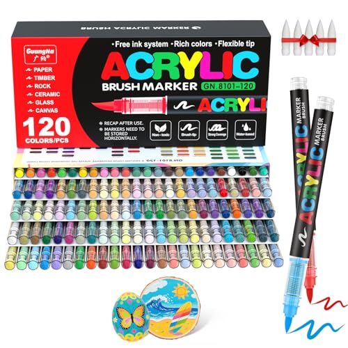 Guangna Acrylic Paint Markers Brush Tip, 120 Vivid Colors with Direct-Liquid Ink Control System, Professional-Grade Paint Pen for Rock Painting, Canvas, Glass, Plastic, Fabric & Creative Crafts - Image 1