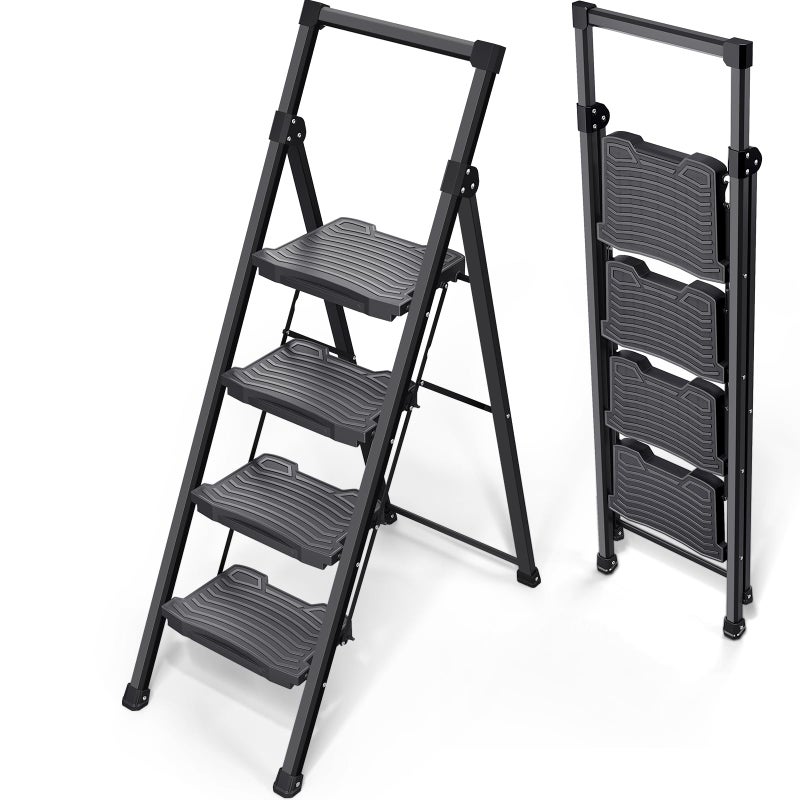 KINGRACK Step Ladder 4 Step Folding, 900lbs 4 Step Ladder with Anti-Slip Wide Pedal and Handrails, Lightwight Household Ladder, Pass 900LBS Testing, for Your Kitchen, Pantry, Closets, Office Use - Image 1