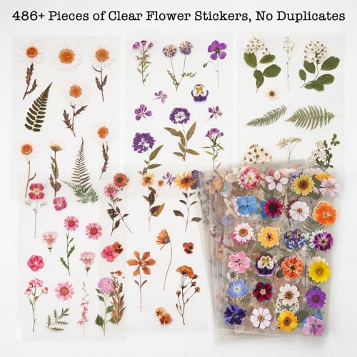 Knaid Pressed Flower Themed Stickers (Assorted 486 Pieces, 36 Sheets) Dried Floral Resin Stickers Decals Botanical Journaling Sticker for Scrapbook Supplies Junk Journal Bullet Journal Planner Laptop - Image 4