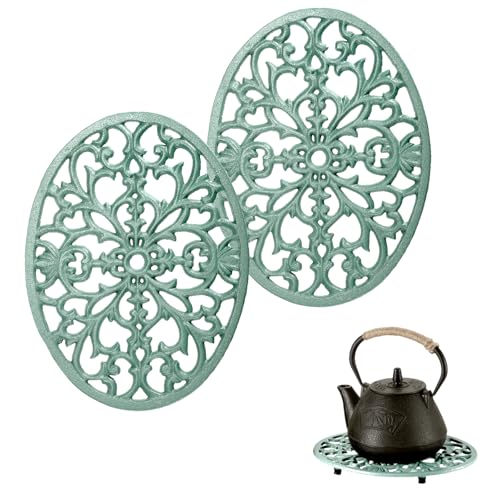 Hoowen 2 Pack Cast Iron Trivets, Green Oval Trivet 9.6"x7.3", Heat Resistant Metal Trivets for Hot Dishes Pots Pans Plates Teapot, Heavy Duty Cast Iron Pot Holder for Kitchen Countertops Dining Table - Image 1