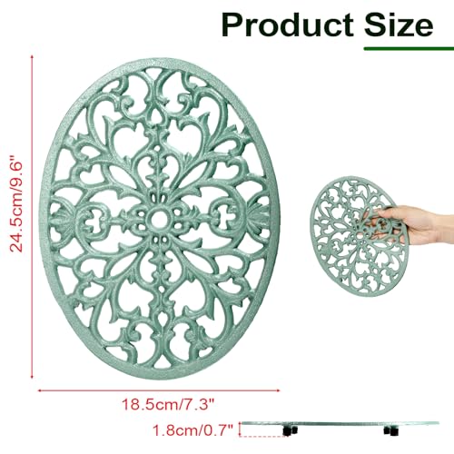 Hoowen 2 Pack Cast Iron Trivets, Green Oval Trivet 9.6"x7.3", Heat Resistant Metal Trivets for Hot Dishes Pots Pans Plates Teapot, Heavy Duty Cast Iron Pot Holder for Kitchen Countertops Dining Table - Image 4