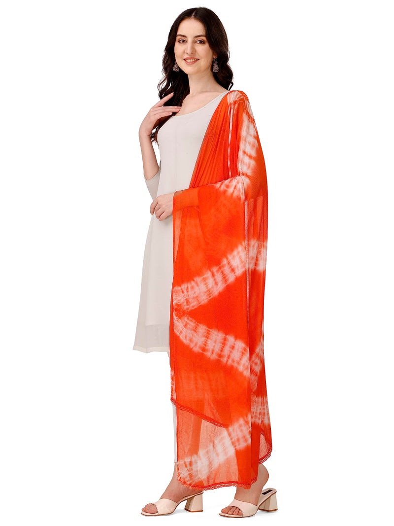 Mehrang Women's Printed Chiffon Dupatta With Lace on Border, 2.3 Meters Length, Soft Material (Orange) - Image 3