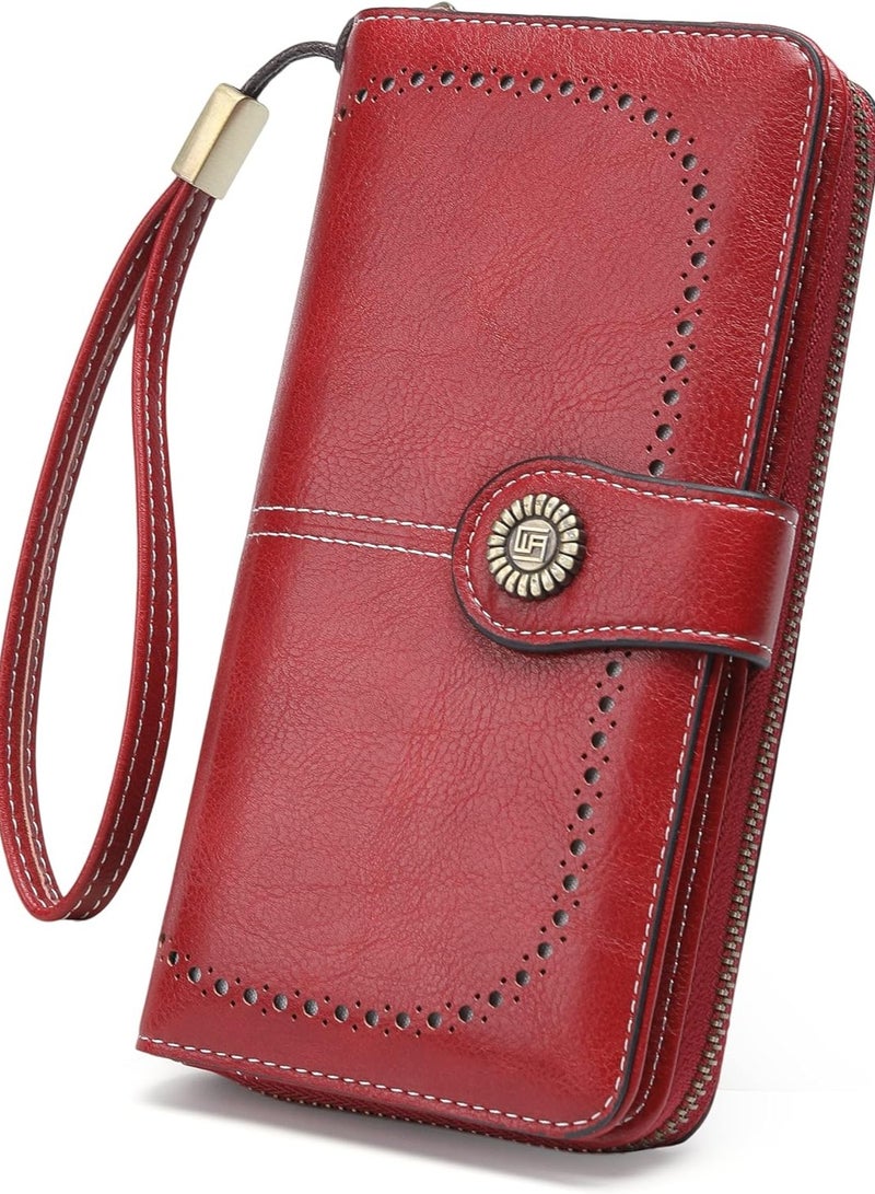 Womens Wallet Leather Large Capacity Card Holder Zipper Wristlet Wallets for Women-liquor red - Image 1