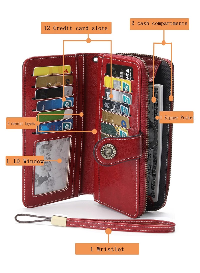 Womens Wallet Leather Large Capacity Card Holder Zipper Wristlet Wallets for Women-liquor red - Image 2