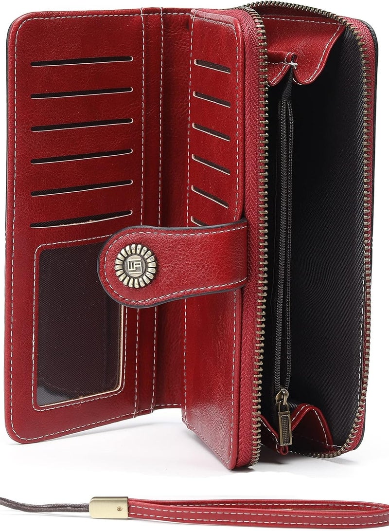 Womens Wallet Leather Large Capacity Card Holder Zipper Wristlet Wallets for Women-liquor red - Image 3