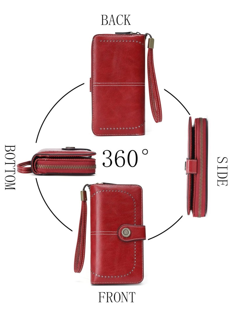 Womens Wallet Leather Large Capacity Card Holder Zipper Wristlet Wallets for Women-liquor red - Image 4