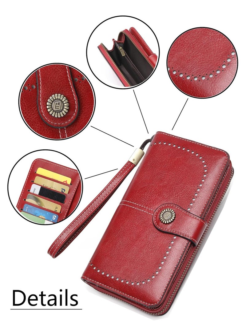 Womens Wallet Leather Large Capacity Card Holder Zipper Wristlet Wallets for Women-liquor red - Image 5