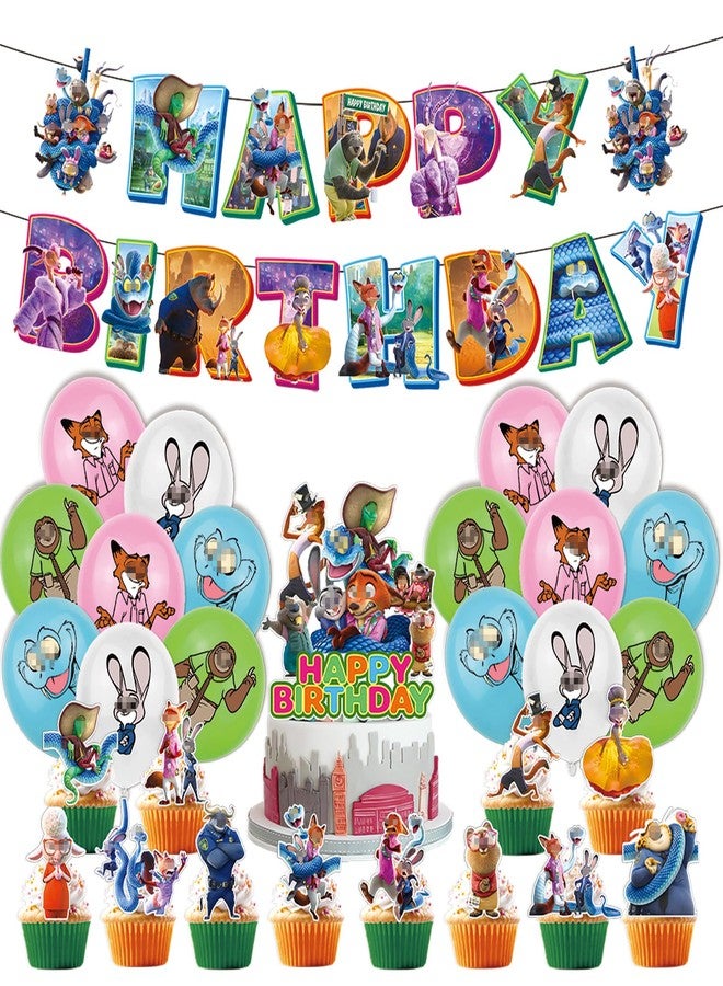 HighMount 44Pcs Zoot 2 Birthday Party Decorations Set - Jud Hopps Nic Wilde Anime Cute Cartoon Animal City Include Balloons, Banner, Cake Topper & Cupcake Toppers for Fans Lover Girls Boy - Image 1