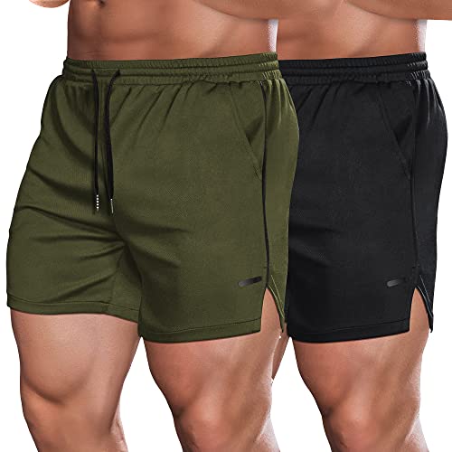 COOFANDY Gym Workout Shorts for Men with Pockets 5 Inch Quick Dry Mesh Running Shorts for Athletic Sports Fitness Army Green/Black - Image 1