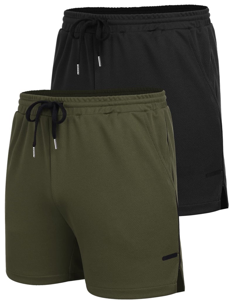 COOFANDY Gym Workout Shorts for Men with Pockets 5 Inch Quick Dry Mesh Running Shorts for Athletic Sports Fitness Army Green/Black - Image 4