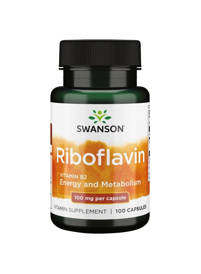 SWANSON Vitamin B2 Supplement (Riboflavin) - Vitamin Supplement to Support Vision Health, Aid Thyroid Function, and Promote Energy Metabolism Support - (100 Capsules, 100mg Each) - Image 1