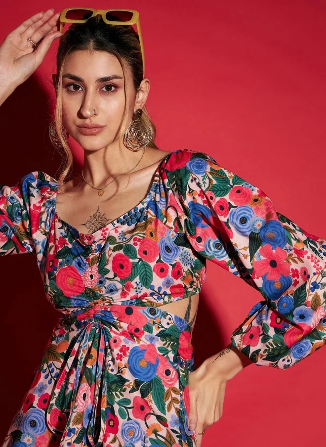 ساسافراس Floral Printed Peplum Top & Trousers Co-Ords for Women