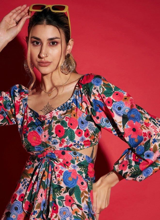 SASSAFRAS Floral Printed Peplum Top & Trousers Co-Ords for Women - Image 2