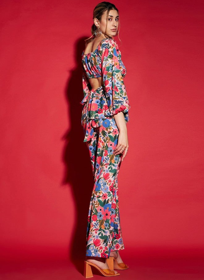 SASSAFRAS Floral Printed Peplum Top & Trousers Co-Ords for Women - Image 5