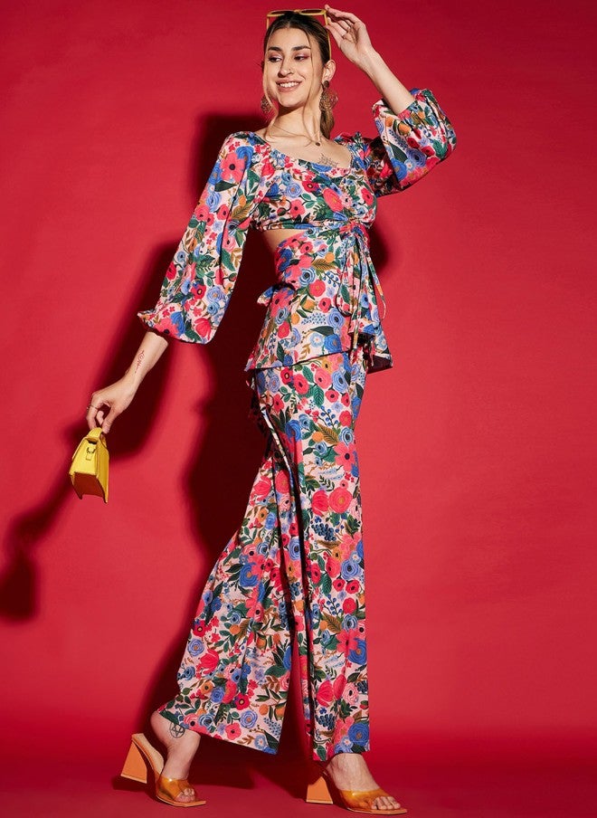 SASSAFRAS Floral Printed Peplum Top & Trousers Co-Ords for Women - Image 4