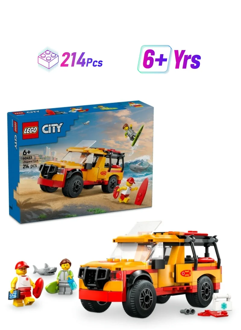 ليغو City Lifeguard Beach Rescue Truck Toy with 2 Minifigures and a Shark Figure - Building Set for 6+ Year Old Boys & Girls - Gifts for Beach-Loving Kids - 60453 (214 pieces)