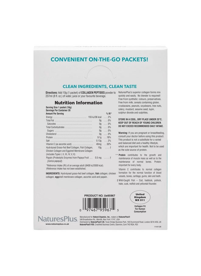 Natures Plus - Natures Plus Collagen Peptides - 20 Stick Packets - Hair, Skin, Nail & Joint Health, Immune System Support - Non-GMO, Gluten Free - 20 Servings - Image 1