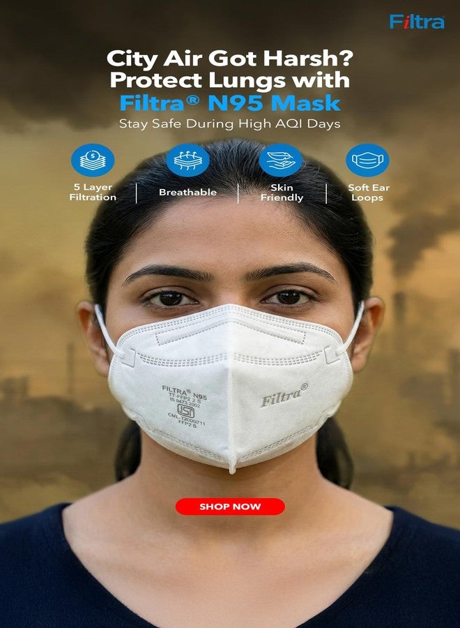 Filtra® N95 Mask with Ear Loops | FFP2 Mask | BIS Certified | 5 Layer & Thick Ear Loops | High Filtration | Zip Lock Travel Pouch of 10 Masks (White) | 3 Pouches x 10 Masks - Image 5