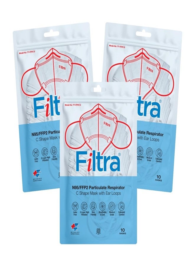 Filtra® N95 Mask with Ear Loops | FFP2 Mask | BIS Certified | 5 Layer & Thick Ear Loops | High Filtration | Zip Lock Travel Pouch of 10 Masks (White) | 3 Pouches x 10 Masks - Image 1