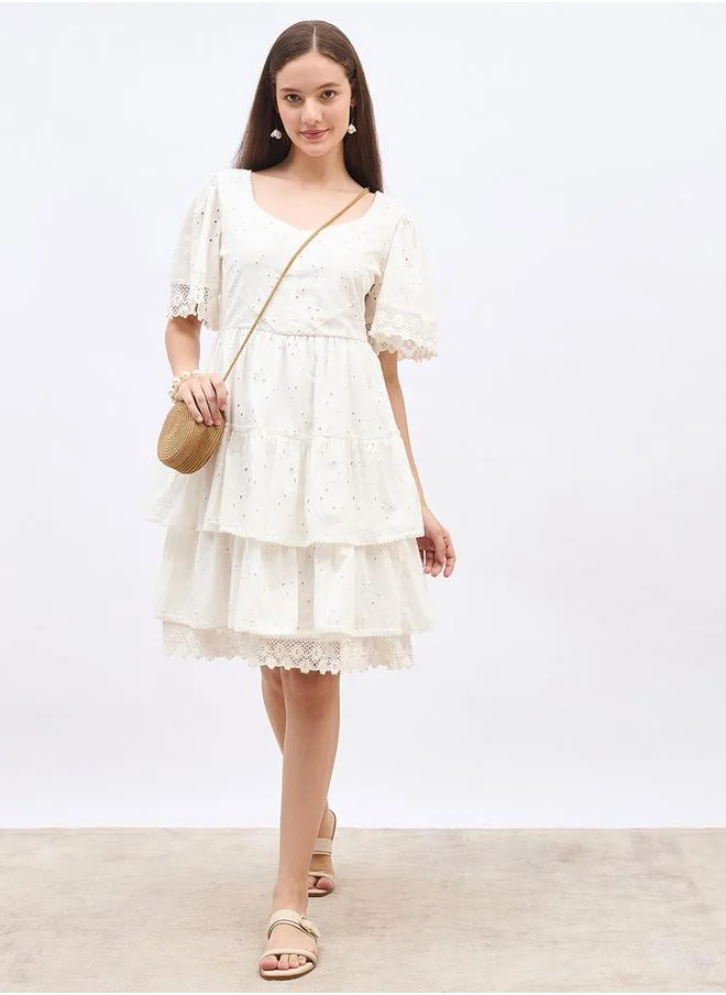 ستايلي Styli Schiffli Trim Layered Knee-Length Dress