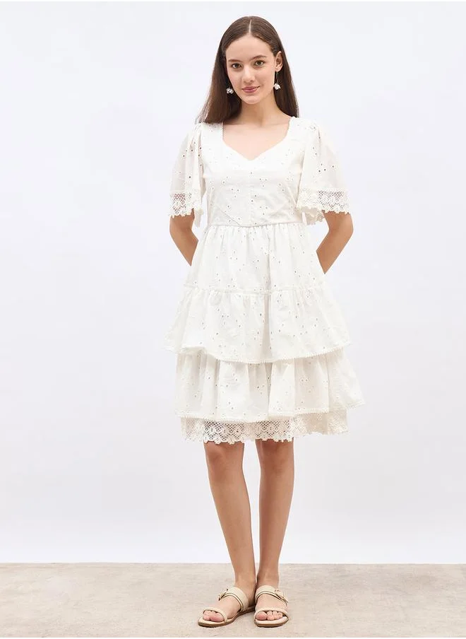 ستايلي Styli Schiffli Trim Layered Knee-Length Dress