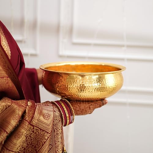 BEHOMA Classic Golden Aluminium Hammered 10" inch Urli | Navratri Durga Puja Indoor Outdoor Center Table Flower Decorative Bowl | Urali for Haldi, Mehandi, Wedding & Home Decor, Brass Finish 1Pc, 2l - Image 3