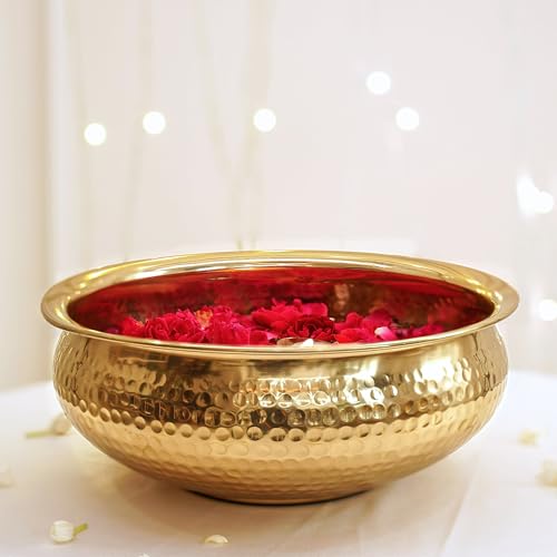 BEHOMA Classic Golden Aluminium Hammered 10" inch Urli | Navratri Durga Puja Indoor Outdoor Center Table Flower Decorative Bowl | Urali for Haldi, Mehandi, Wedding & Home Decor, Brass Finish 1Pc, 2l - Image 1