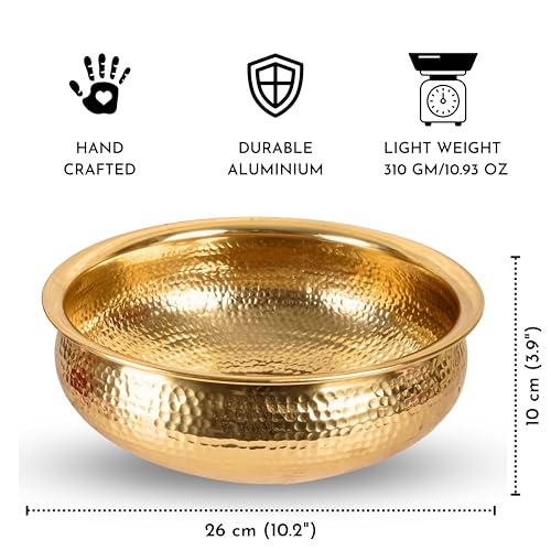 BEHOMA Classic Golden Aluminium Hammered 10" inch Urli | Navratri Durga Puja Indoor Outdoor Center Table Flower Decorative Bowl | Urali for Haldi, Mehandi, Wedding & Home Decor, Brass Finish 1Pc, 2l - Image 4