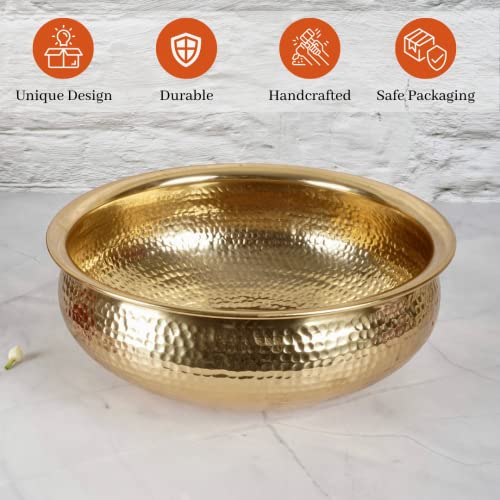 BEHOMA Classic Golden Aluminium Hammered 10" inch Urli | Navratri Durga Puja Indoor Outdoor Center Table Flower Decorative Bowl | Urali for Haldi, Mehandi, Wedding & Home Decor, Brass Finish 1Pc, 2l - Image 5