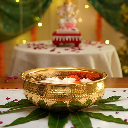 BEHOMA Classic Golden Aluminium Hammered 10" inch Urli | Navratri Durga Puja Indoor Outdoor Center Table Flower Decorative Bowl | Urali for Haldi, Mehandi, Wedding & Home Decor, Brass Finish 1Pc, 2l - Image 2