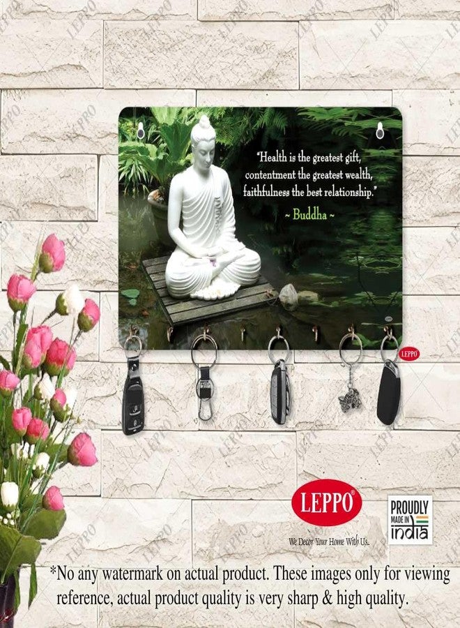 LEPPO Key Holder for Home Decor | Wooden Key Stand for Wall | Printed Lord Buddha Motivational Quote Keys Hanger Dl311 (15 x 23 cm) 8 Hooks - Image 2
