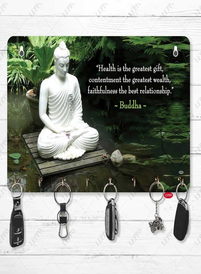 LEPPO Key Holder for Home Decor | Wooden Key Stand for Wall | Printed Lord Buddha Motivational Quote Keys Hanger Dl311 (15 x 23 cm) 8 Hooks - Image 1