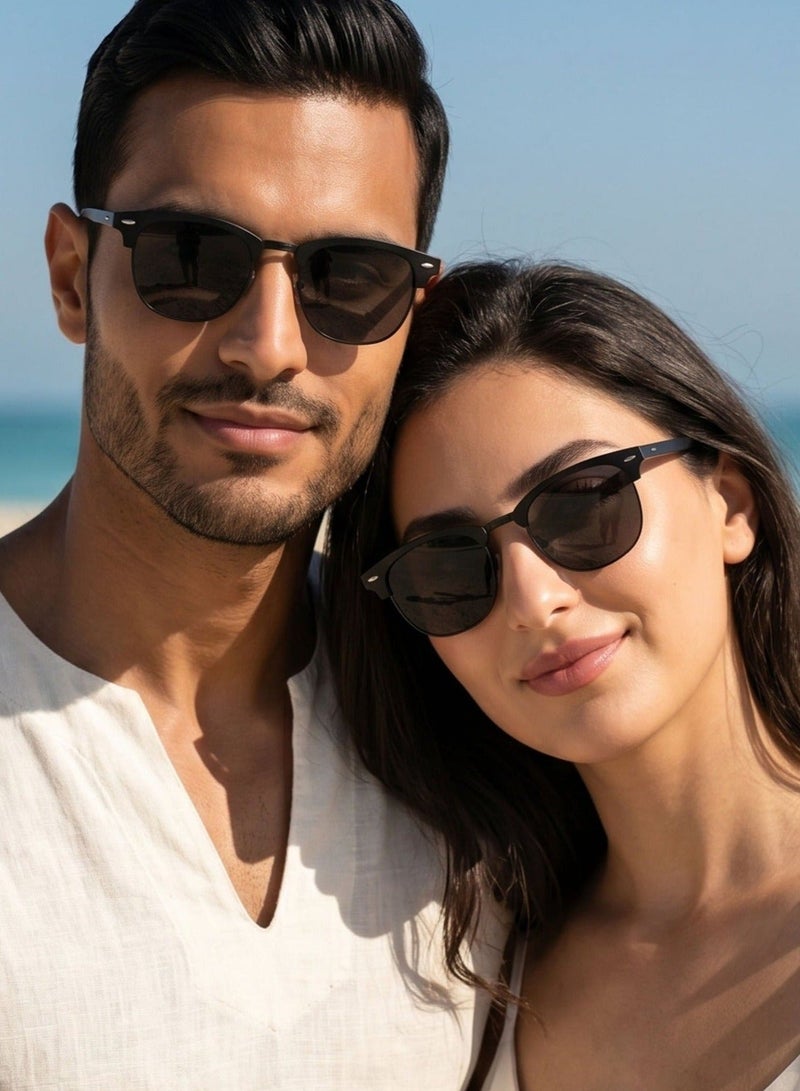 Polarized Semi-Rimless Sunglasses Unisex, Retro Browline Design, UV400, All Black 3016 - Image 1