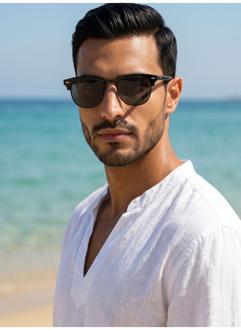 Polarized Semi-Rimless Sunglasses Unisex, Retro Browline Design, UV400, All Black 3016 - Image 2