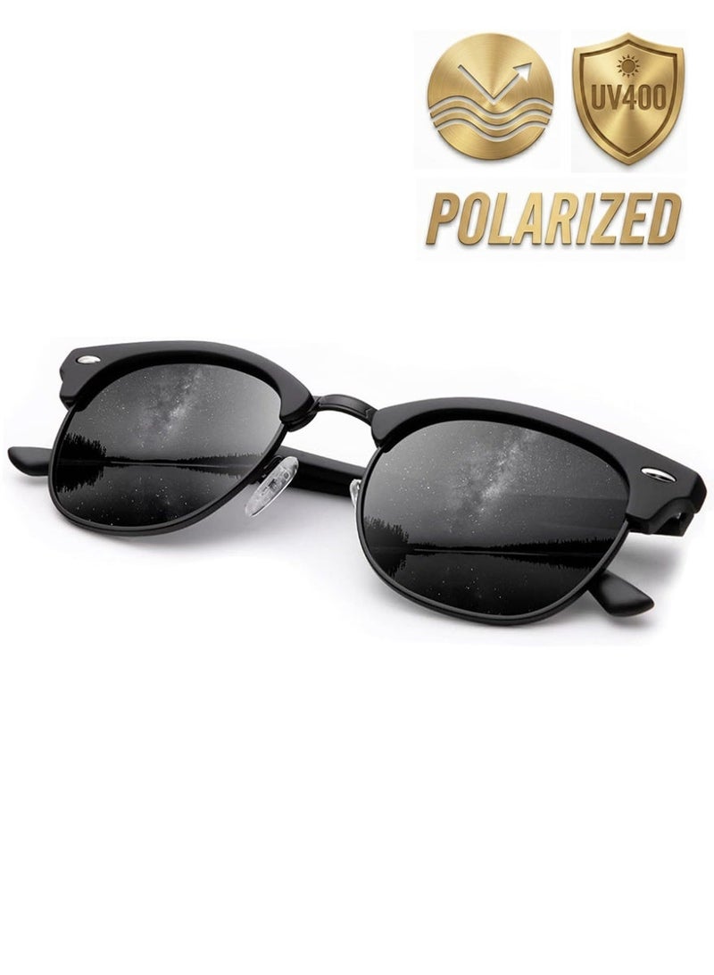 Polarized Semi-Rimless Sunglasses Unisex, Retro Browline Design, UV400, All Black 3016 - Image 3