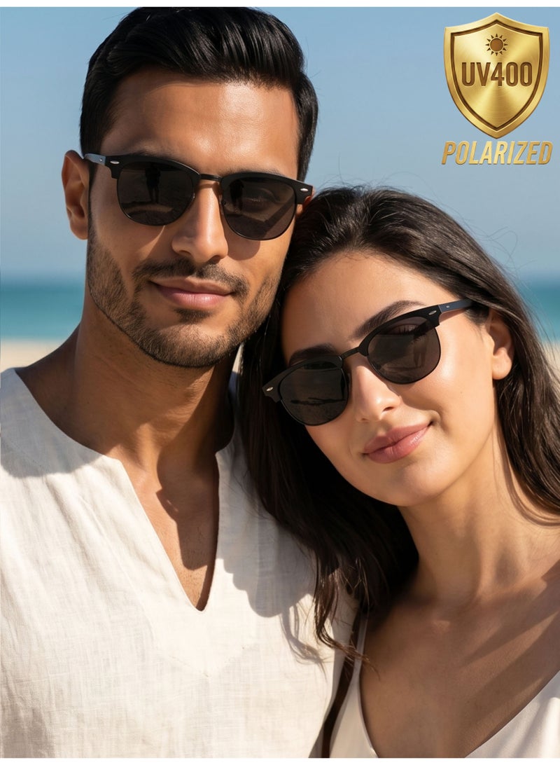 Polarized Semi-Rimless Sunglasses Unisex, Retro Browline Design, UV400, All Black 3016 - Image 1