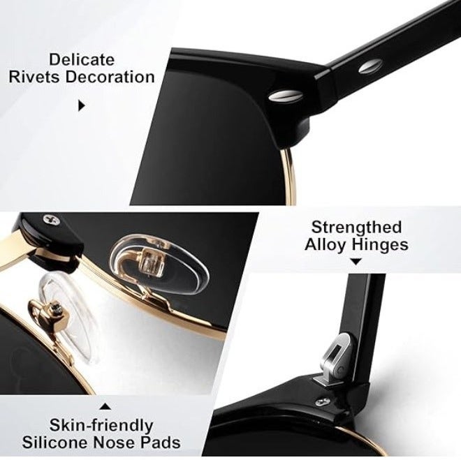 Polarized Semi-Rimless Sunglasses Unisex, Retro Browline Design, UV400, All Black 3016 - Image 3