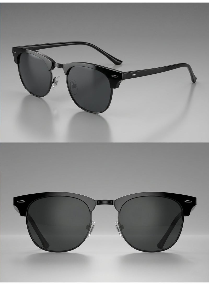 Polarized Semi-Rimless Sunglasses Unisex, Retro Browline Design, UV400, All Black 3016 - Image 2