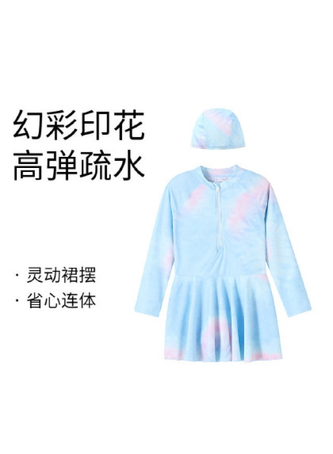 Annil Girls' One-piece Long Sleeve Swimsuit Dress Set, 2025 Summer Gradient Print Fashion Playful Swimwear - Image 1