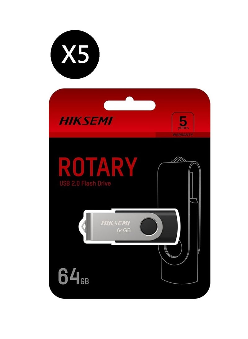 HIKSEMI Bundle Of 5 64GB USB 2.0 Spinning Pen Drive, Silver/Black | HS-USB-M200S 64G |