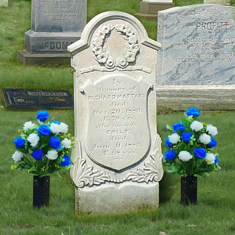 LVXINLI 2 Sets Artificial Cemetery Flowers,Memorial Flowers,Beautiful Arrangements for Headstones,Black Plastic vase with Drainage Hole Long Spikes Outdoor Memorials(Dark Blue)â€¦ - Image 3