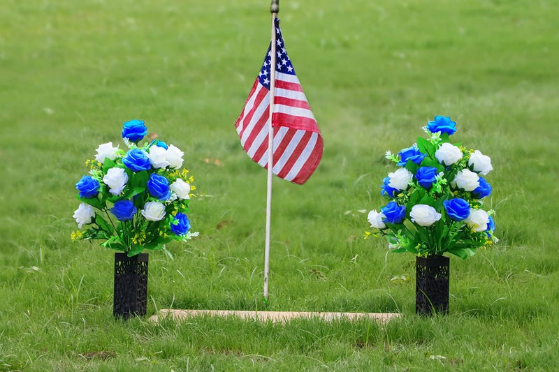 LVXINLI 2 Sets Artificial Cemetery Flowers,Memorial Flowers,Beautiful Arrangements for Headstones,Black Plastic vase with Drainage Hole Long Spikes Outdoor Memorials(Dark Blue)â€¦ - Image 2