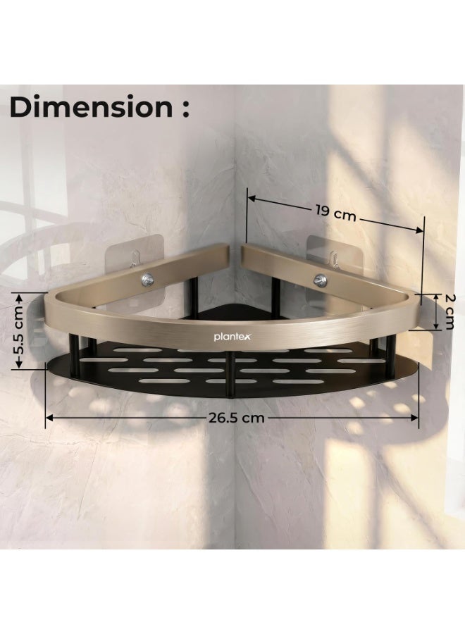 Plantex Self Adhesive Corner Shelf for Bathroom Wall/Aluminium & Stainless Steel Corner Shelf/Storage Organizer/Bathroom Accessories Set- Pack of 1 (8 x 8 inch, Satin & Black) - Image 4