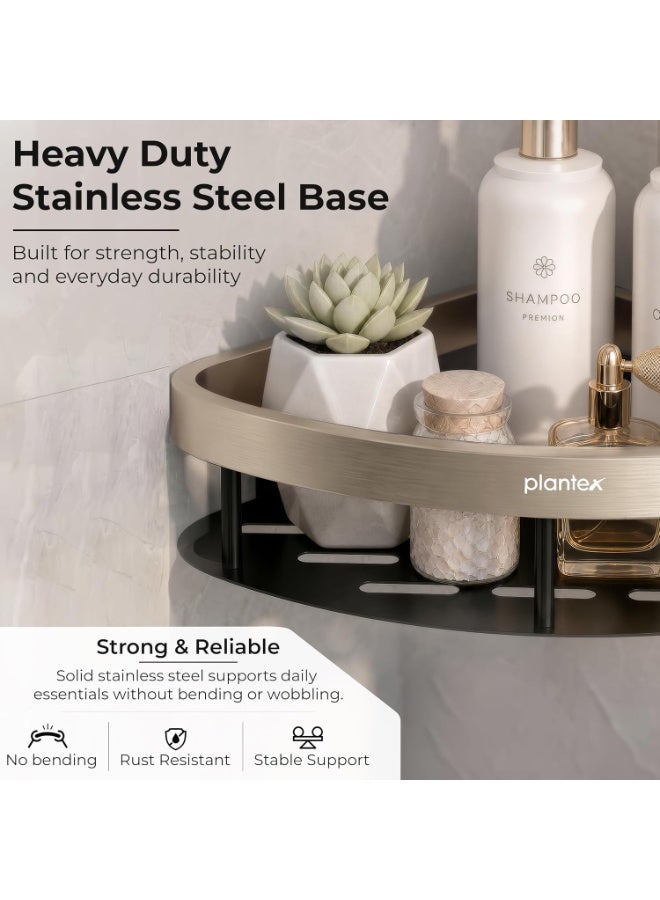 Plantex Self Adhesive Corner Shelf for Bathroom Wall/Aluminium & Stainless Steel Corner Shelf/Storage Organizer/Bathroom Accessories Set- Pack of 1 (8 x 8 inch, Satin & Black) - Image 3